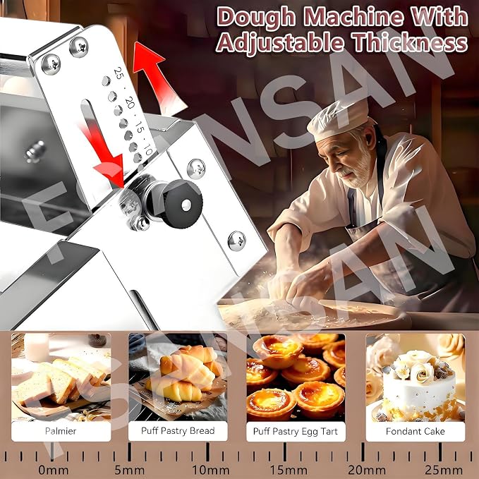 Commercial Dough Sheeter, Reversible Puff Pastry and Fondant Sheeter, Manual Sheeter, Adjustable Thickness from 0 to 25 mm, Foldable Sheeter for Bakeries and Pastries Model400