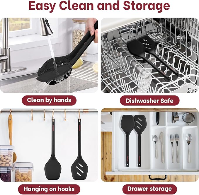 Pack of 2 Silicone Spatula Set, Durable One-Piece Design Heat Resistant BPA-Free Silicone Kitchen Spatulas for Non-Stick Pans, Solid & Slotted Spatula Turner Ideal for Flipping, Frying, Black