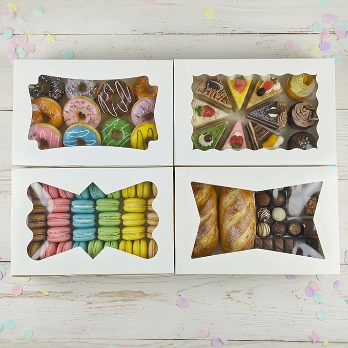 MUMULULU White Bakery Boxes with Window Cookie Boxes Treat Boxes for Desserts Cupcakes Muffins Donut Chocolate Strawberry (24PCS 12×8×2.5)