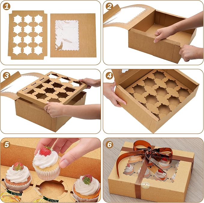 50 PCS 12 Count Cupcake Boxes Bulk for Dessert | Brown,Clear Window,Kraft,Cupcake Containers,Dozen,Deep,Cupcake Carrier With Inserts&Sticker,for Party, Birthday,Holiday,Gift
