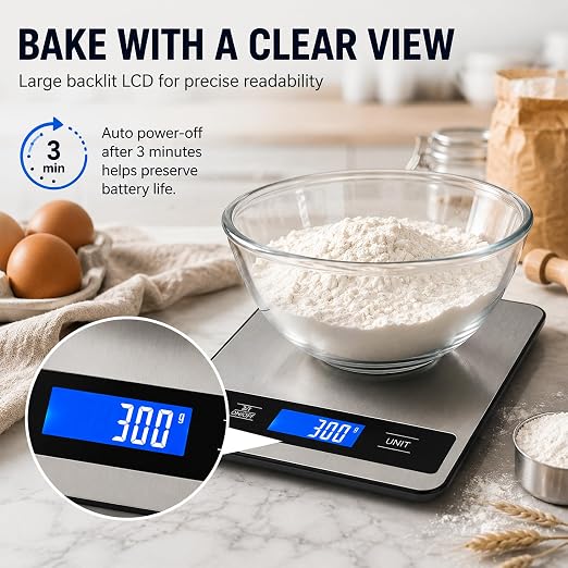 33lb/15kg Digital Food Scale for Kitchen, Measuring Recipes, Meat, Pet Care | 1g High Precision Stainless Steel Scale with Timer, Tare & Unit Conversion (g/oz/ml/lb) for Baking, Coffee, Bread, Meat