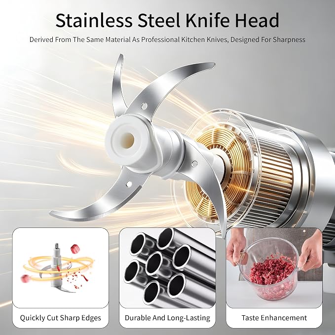 Electric Food Processor, 3-Speed Food Chopper with Meat Grinder & Vegetable Chopper - 2 Bowls (8 Cup Stainless Steel+8 Cup Glass) with Powerful 300W Copper Motor, 2 Bi-Level S Blades