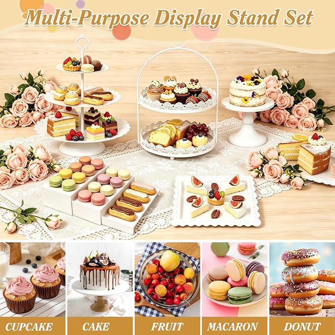 10 Pcs White Cake Stand Set Metal Cupcake Stands, Multiple Styles Dessert Display Tower for Candy Fruit, Cake Serving Trays for Birthday, Wedding, Anniversary, Baby Shower, Engagement Party