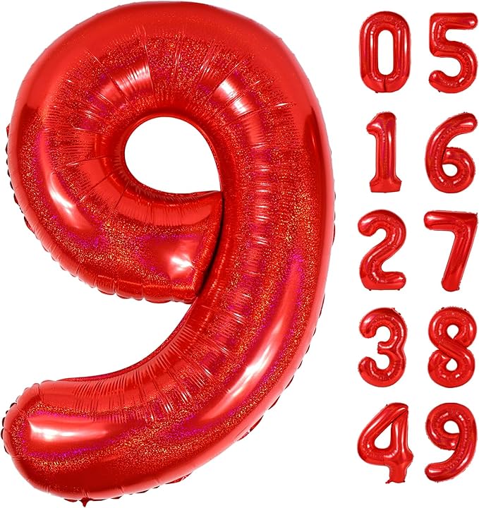 Laser Red 9 Balloon, Number Balloons 40 Inch, 9th Giant Birthday Decorations for Girls,19th 29th Party Decorations Supplies, Number 9 Balloon