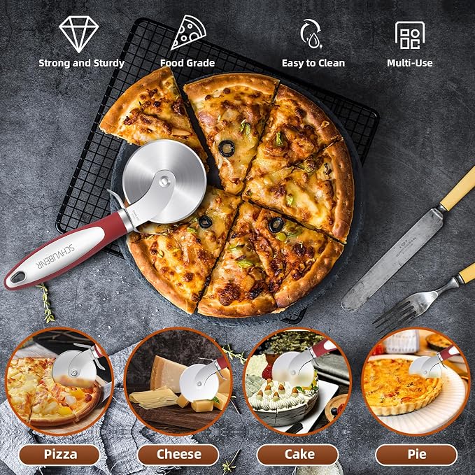 SCHVUBENR Premium Pizza Cutter Wheel - Ultra Sharp Stainless Steel Pizza Slicer with Non-Slip Soft Grip Handle - Multi-Purpose Cutter for Pizza, Dough & Pastry - Dishwasher Safe, Easy to Clean - Red