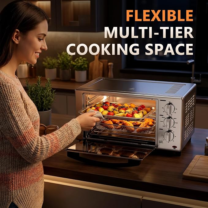 Electactic 2-in-1 Air Fryer Toaster Oven, 1500W Convection Countertop Oven with 7 Cooking Functions, Mechanical Knob Control, 200-450°F Temperature Range, 4 Accessories Included for Toast, Pizza