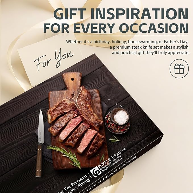 Purple Dragon Serrated Steak Knives Set of 8-4.7 Inch Dinner Knife High Carbon German Steel Steak Knife Set with Square Wooden Handle - Effortless Cutting Christmas Gift for Men and Women