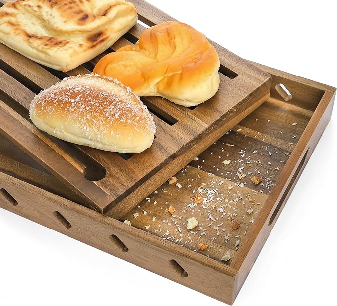 Goaste Wood Bread Cutting Board with Crumb Catcher, 15 Inch Bread Slicer Board with Crumb Holder Tray, Premium Natural Chopping Board for Bagels Sourdough Homemade Loaves, Double as Bread Serving Tray