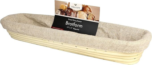Vollum Banneton Bread Proofing Basket & Liner – Handmade Rustic Sourdough Bread Baking Supplies, Baguette Brotform, Sour Dough Tools, Gifts for Bakers - Rectangular - 17 x 4 x 2.5"H