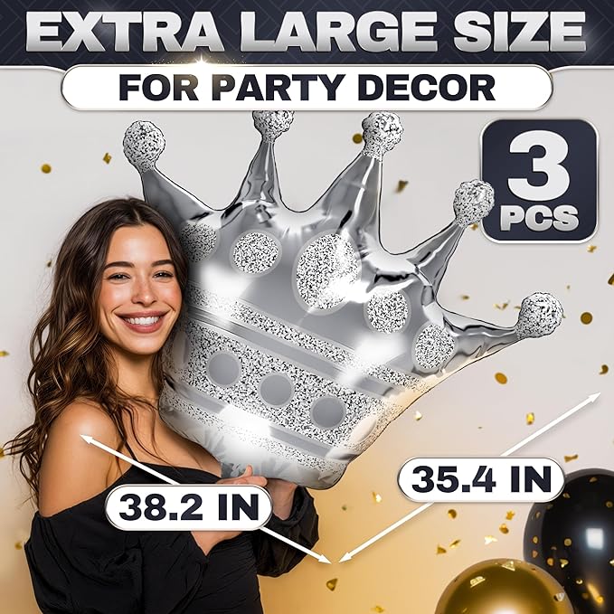 3Pcs Silver Crown Balloons – Reusable Foil Silver Balloons Set in Large 39" Size, Self-Sealing & Easy to Inflate, Durable – Suitable for Weddings, Birthday Celebrations & Princess Theme Decorations