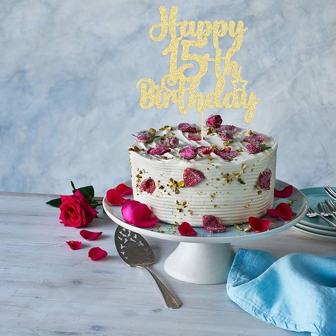 Gyufise 1Pc Happy 15th Birthday Cake Topper Glitter 15 & Fabulous Cheers to 15 Years Old Cake Pick for Celebrating 15th Birthday Anniversary Party Cake Decorations Supplies Gold