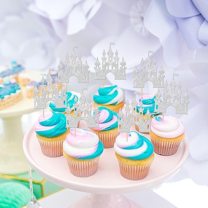 24 PCS Princess Castle Cupcake Toppers Glitter Princess Cupcake Toppers Queen Castle Theme Birthday Party Cake Decoration for Girls Princess Baby Shower Birthday Party Decorations Supplies Silver