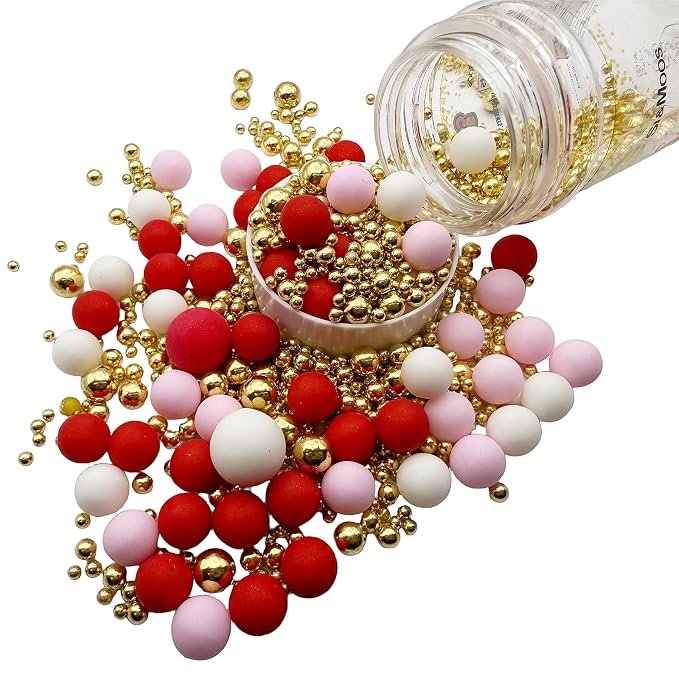 SE Si&Moos Gold Pink Red and White Sprinkles for Cake Decorating Valentines Sprinkles Red and Pink Edible Pearl Cake Decorations Gold Sprinkles for Cake, Cupcake, Baby Shower Birthday Party Holiday Christmas Supplies 3 OZ