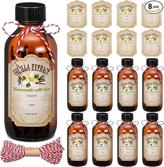 Uiifan 8 Pcs Vanilla Extract Bottles Boston Round with Caps Glass Bottle and 8 Pcs Vanilla Extract Labels Stickers for Syrup Gift Glass Food Storage Canister Set Sauce Beans(2 oz)