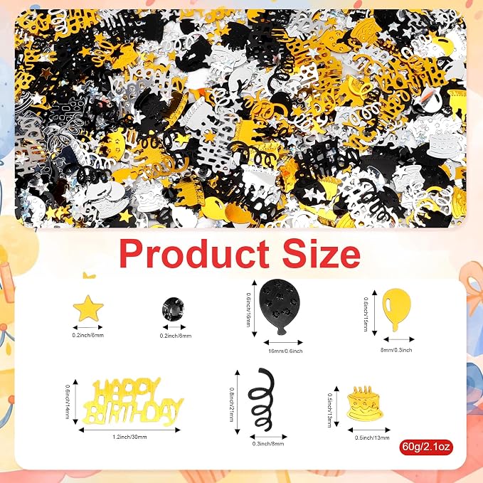 Birthday Confetti, Happy Birthday Party Glitter Table Confetti, 60g Black Gold Metallic Foil Cake Balloon Confettis Sprinkles Table Centerpiece for Baby Shower Party Decorations DIY Arts and Crafting