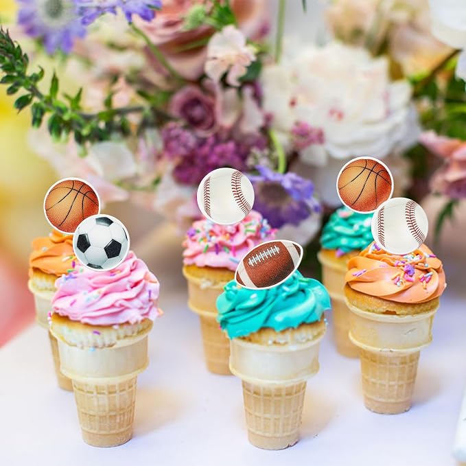 48 PCS Edible Sports Cupcake Toppers Wafer Paper Baseball Rugby Cupcake Picks Edible Basketball Soccer Football for Cake Decorating Sports Ball Game Theme Kids Birthday Party Cake Decorations Supplies