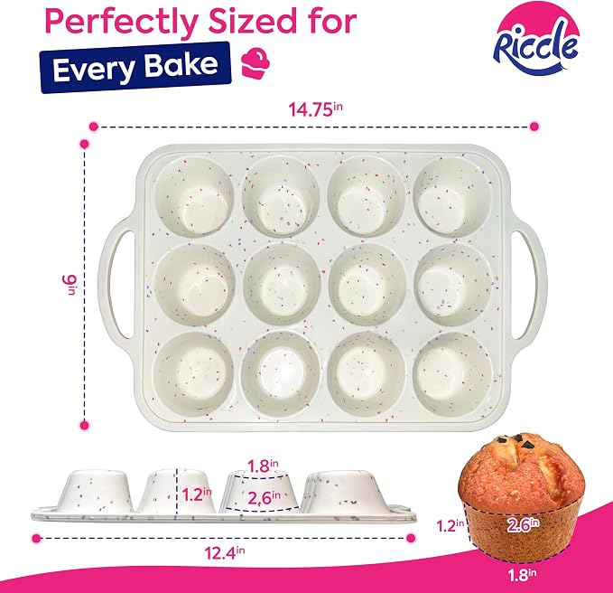 RICCLE Silicone Muffin Pans for Baking with Metal Reinforced Frame, 12-Cup Cupcake Pan, 2 Pcs Muffin Trays for Cupcake Baking, Tray Molds, Oven & Dishwasher Safe, BPA-Free (2 x Standard)