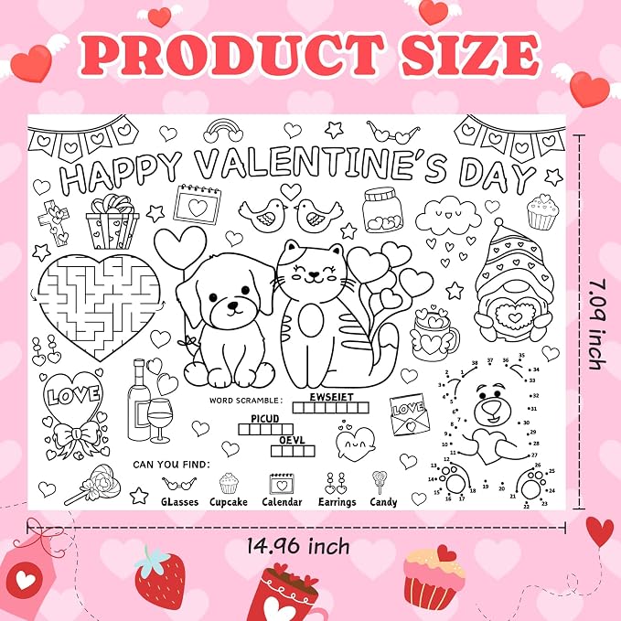 45pcs Valentine's Day Disposable Coloring Placemats Valentines Day Crafts for Kids Valentine Party Favors Coloring Poster Valentine Party Supplies School Classroom Activities Paper Table Mats