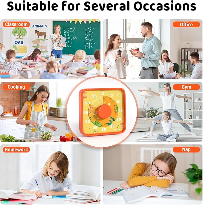 Secura 7.5-Inch Animal Pattern Visual Timer for Kids, 60-Minute Countdown Timer for Classroom or Kitchen, Durable Mechanical Timer Clock with Magnetic Backing (Orange)
