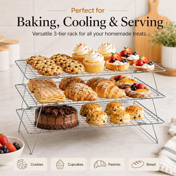 Cooling Rack, 3 Tier Stackable Cooling Racks for Cooking Baking Roasting, Multi-Level Collapsible Cookie Rack for Cakes, Oven Safe & Easy Clean (Silver, 3-Tier)