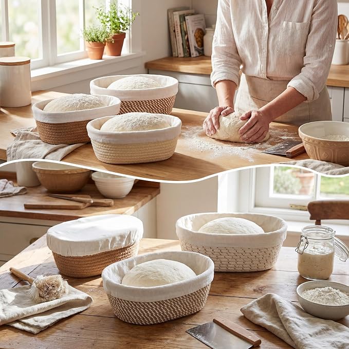 4 Pcs 10 Inch Cotton Rope Banneton Bread Proofing Basket Set Oval Banneton Basket Sourdough Bread with Liners Covers for Baking Supplies (Earth Tones)