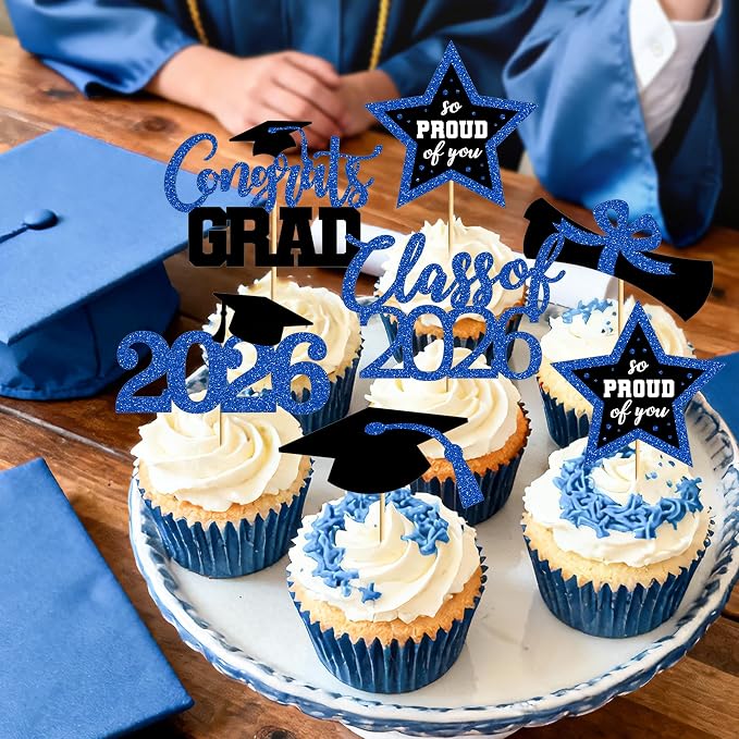 48 PCS Grad Cupcake Toppers, 6 Styles Graduation Cake Topper, Congrats Graduation Decorations 2026, Glittery Black and Blue Cap and Diploma Cake Picks for Grad Decor Party Supplies