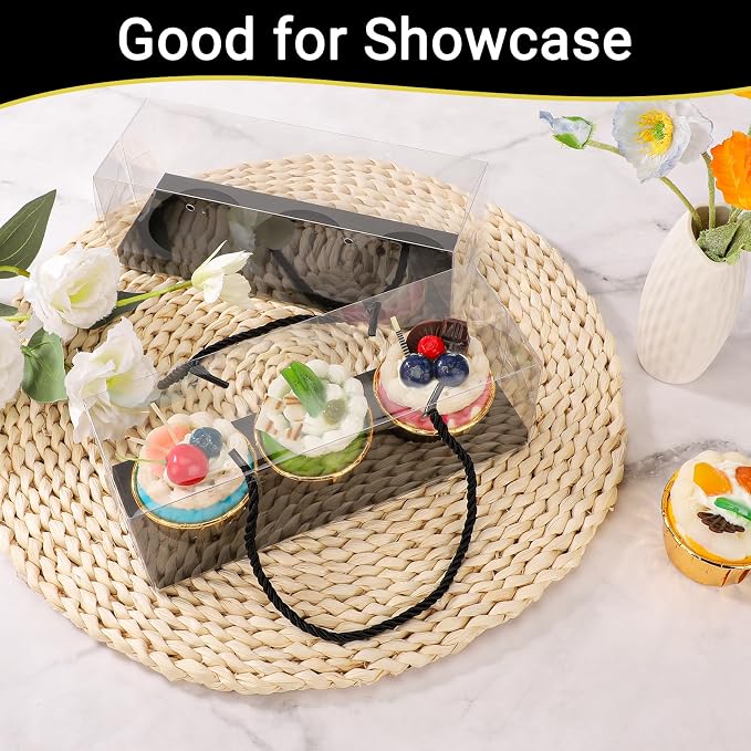 EUSOAR Black Cupcake Boxes, 10 Pcs 9"x3"x3" Rectangular Cookies Containers 3 Compartments with Gift Rope Handle, Clear Portable Dessert Pastry Carriers Display for Wedding Party Favor Bakery Decor
