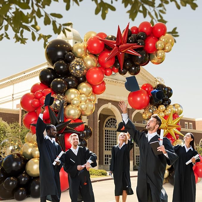 Bonropin 161pcs Red Black and Gold Balloons Garland Arch Kit with 5/10/12/18in Red Black Gold Balloons Explosion Star Balloons for 2025 Graduation Anniversary Casino Wedding Birthday Party Decorations