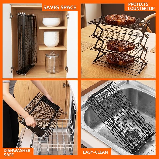 2/3/4-Tier Collapsible Cooling Rack with Adjustable 3 Setting Design Stackable Wire Baking Rack Cooling Racks for Cooking and Baking Roasting Cookies Pizza Gifts for Women