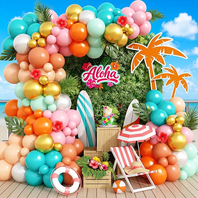 Tropical Balloon Arch Kit, 149 PCS Hawaiian Luau Balloons Garland Pink Teal Orange Coral Metallic Gold Latex Balloons for Flamingo Summer Aloha Beach Pool Baby Shower Birthday Party Decorations