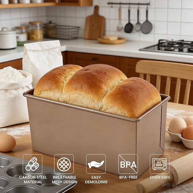 Pullman Loaf Pan with Lid for Baking Bread, Nonstick Carbon Steel Bread Loaf Pan with Cover for Sandwich Bread, Sourdough, Toast Bread and Homemade Loaf Baking