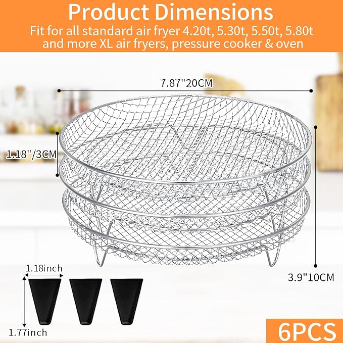 3 Pieces Set Air Fryer Rack Set, 8 Inch Round Food Grade Stainless Steel Stackable Dehydrator Rack Mesh Tray for Air Fryer Oven Fits Inner Size ≥8.6 Inch