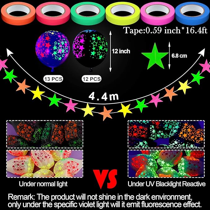 Skylety 32 Pcs Glow in The Dark Party Supplies Neon Party Favors with 25 Fluorescent Balloon 6 Rolls 98.4 ft UV Blacklight Luminous Tape 14.4 ft Neon Streamer Garland for Adults(Bright Star)