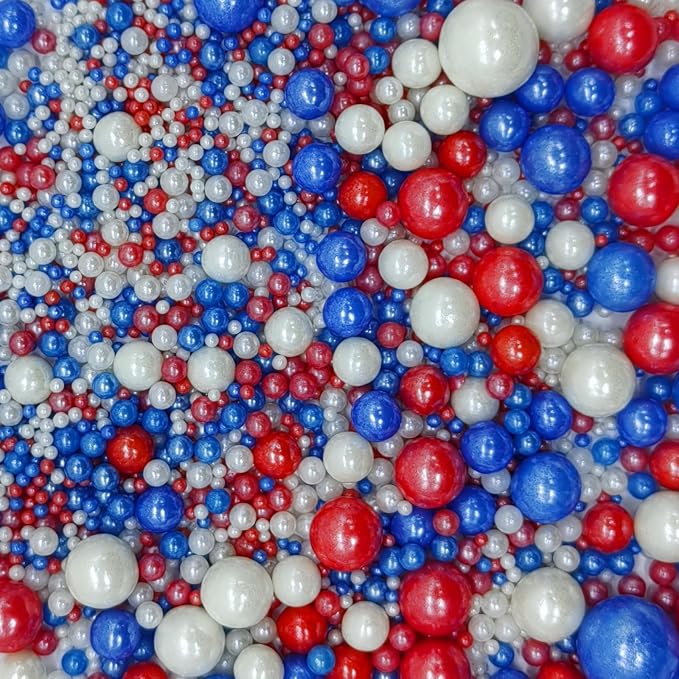 Patriotic Edible Red & Blue & White Sugar Pearls Sprinkles Candy Mix Size Pearls Cake Decorations Cupcake Toppers Decorating Perfect for Wedding Party Valentine Christmas Supplies 4.58OZ