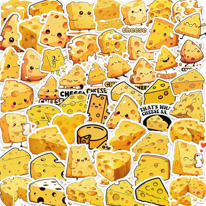 50 Pcs Cheese Stickers for Scrapbooking, Waterproof Vinyl Cute Kawaii Food Stickers for Laptops Water Bottles Journals, Fun Cheese Slice Decals for Kids Teens Adults