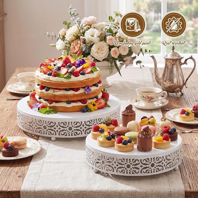 Wenqik 2 Pcs White Metal Cake Stand, 14" 16" Large Round Cupcake Stand Dessert Table Display Set Cake Holder for Wedding Birthday Party Bridal Shower Anniversary Table Decoration