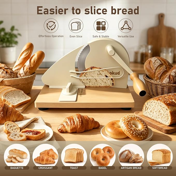 Manual Bread Slicer for Homemade Sourdough – Hand Crank Rotary Slicer | 0–0.8″ Adjustable Thickness, Stainless Steel Serrated Blade, Non-Slip Suction Cups, and Aluminum Alloy Frame