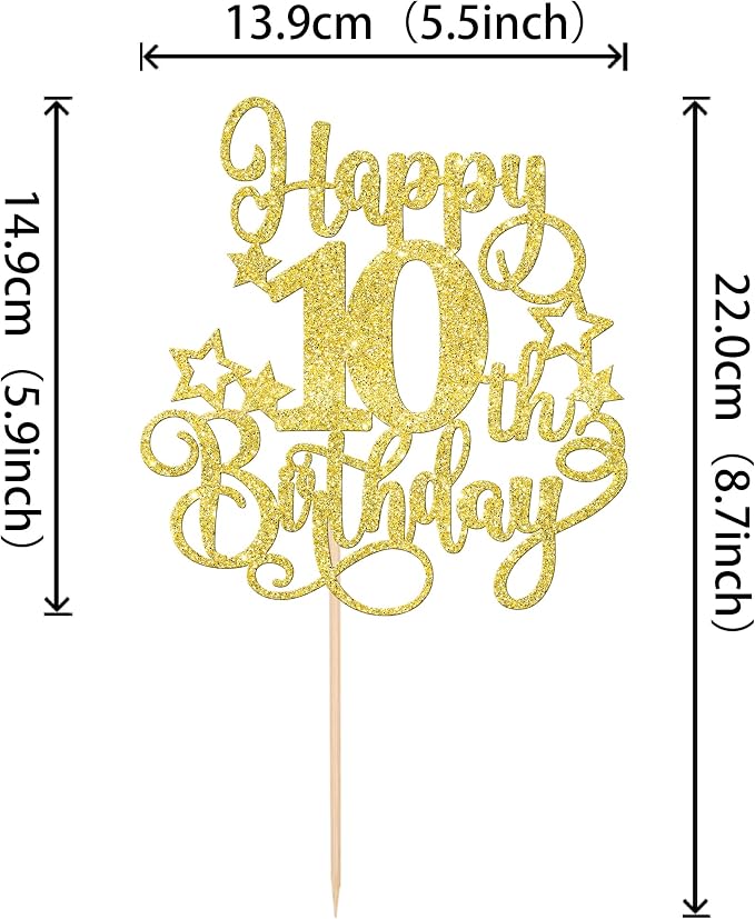 1 PCS Happy 10th Birthday Cake Topper Glitter Cheers to 10 Years Birthday Cake Pick Hello 10 Fabulous Cake Decoration for Happy 10th Birthday Anniversary Party Decorations Supplies Gold