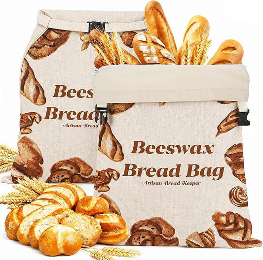 2 Pack Beeswax Bread Bags for Sourdough, Reusable Natural XL Linen Beeswax Bread Bag with Zipper for Homemade Sourdough, 17 x 13 Inches Freezer-Friendly Large Capacity Portable