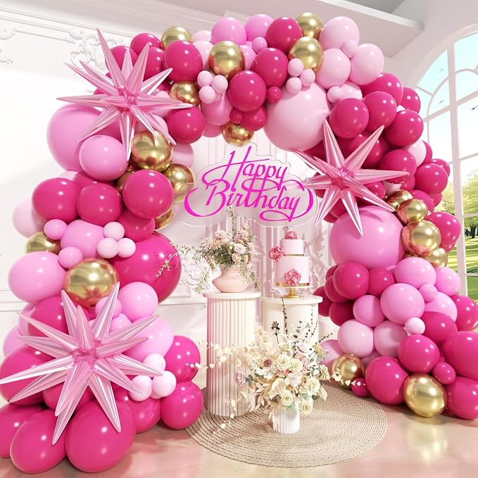 Pink Balloons Arch Kit 188pcs with Star, Hot Pink Shades of Pink Gold Balloons Different Size Balloon Garland Kit for Girl Birthday Baby Shower Anniversary Wedding Princess Party Decorations