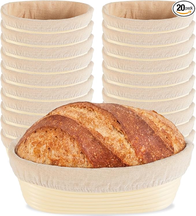 20 Pack Banneton Bread Proofing Basket 10 Inch Oval Rattan Banneton Baskets with Linen Liner Cloth Sourdough Basket Dough Proofing Basket for Professional & Home Sourdough Bread Baking