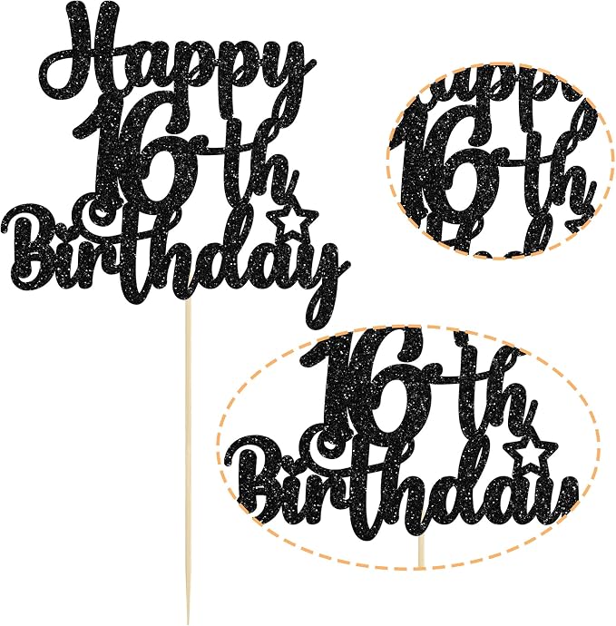 Gyufise 1Pc Happy 16th Birthday Cake Topper Black Glitter 16 & Fabulous Sweet 16 Birthday Cake Pick for Celebrating 16th Birthday Anniversary Party Cake Decorations Supplies