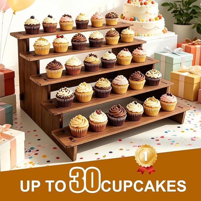 Wooden Cupcake Stand - 30s Quick Installation, Easy Carry &Store | 5 Tier Cup Cake Display Stand, Rustic Tiered Serving Tray, Multi-Uses as Dessert Stands, Vendor Display Shelves, Spice Rack