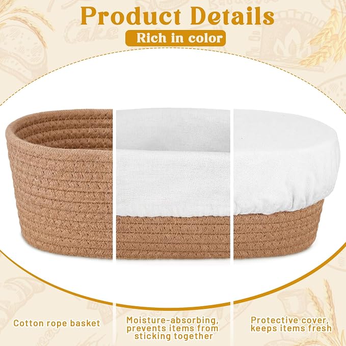 4 Pcs 10 Inch Cotton Rope Banneton Bread Proofing Basket Set Oval Banneton Basket Sourdough Bread with Liners Covers for Baking Supplies (Earth Tones)