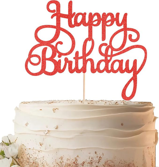Happy Birthday Cake Topper - Red Glitter Birthday Party Cake Decoration Supplies, Photo Booth Props