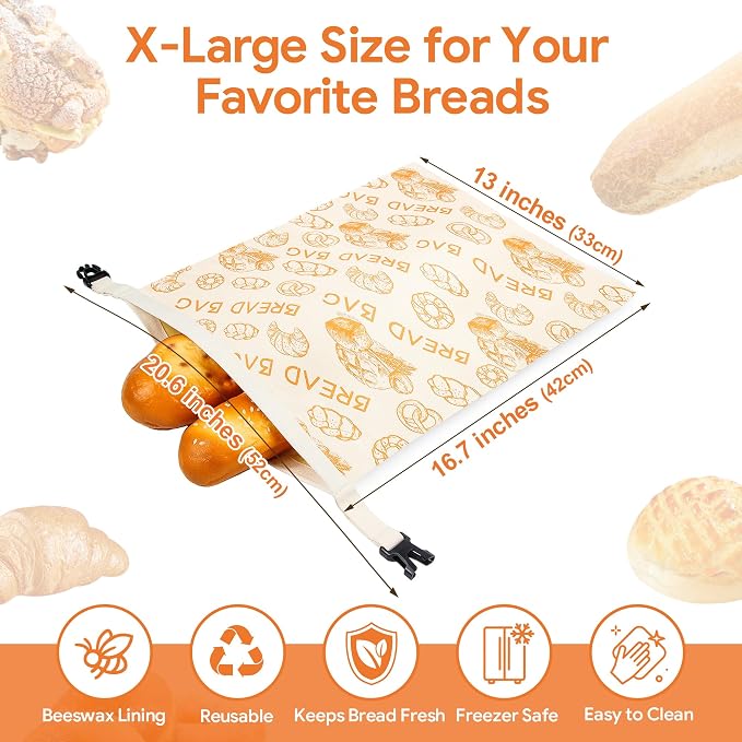 Beeswax Bread Bag, 2 Pack Reusable Bread Bags for Sourdough & Homemade Bread, Phsfem XL Size Organic Cotton Linen Bags with Natural Beeswax Lining,for Bread Freshness,Friendly Use, Orange