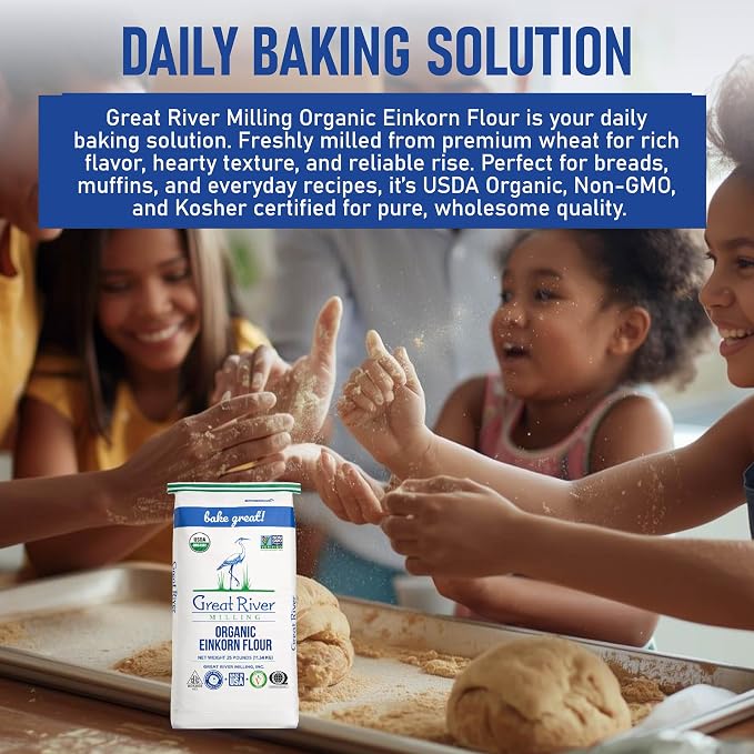 Great River Organic Milling Organic Einkorn Flour | Ancient Whole Wheat Flour | Non-GMO, Kosher, High-Protein | Nutrient-Rich, Healthier All-Purpose Flour Alternative for Baking | 25 Lb (Pack of 1)