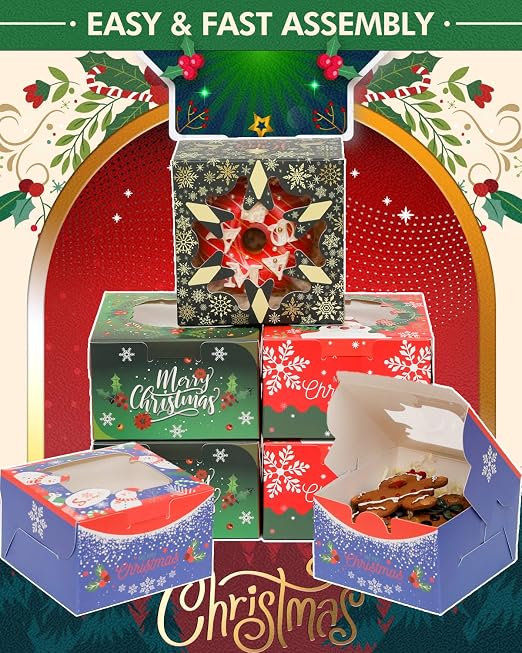 qiqee Christmas Bakery Boxes with Window 52pcs 4x4x2.5 Inch Mini Cookie Boxes Macaron Boxes Small Donut Pastry Boxes for Christmas