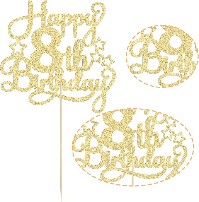 1 Pack Happy 8th Birthday Cake Topper Gold Glitter 8th Birthday Cheers to 8 Years Old Cake Pick for Celebrating Anniversary Party Cake Decorations Supplies