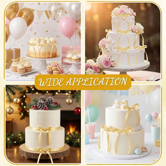 30 Pack Bow Cake Toppers Champagne Gold Ribbon Bows for Cake Bow Cupcake Toppers Back to School Decorations Bow Birthday Decorations for Baby Shower, Wedding, Engagement, Bachelorette Party